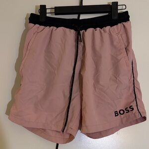BOSS : Pink Bathing Shorts with Black Trim